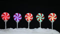 Swirl lollipop pathway lights glowing along a snowy walk