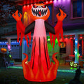 Inflatable red pumpkin demon rising from orange flames