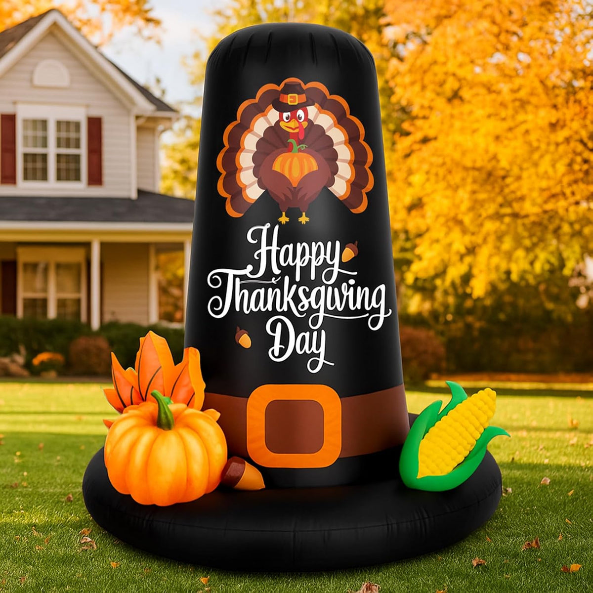 Inflatable black pilgrim hat with a Happy Thanksgiving Day message, pumpkins and corn
