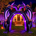 Purple inflatable double-headed dragon archway over a front walk