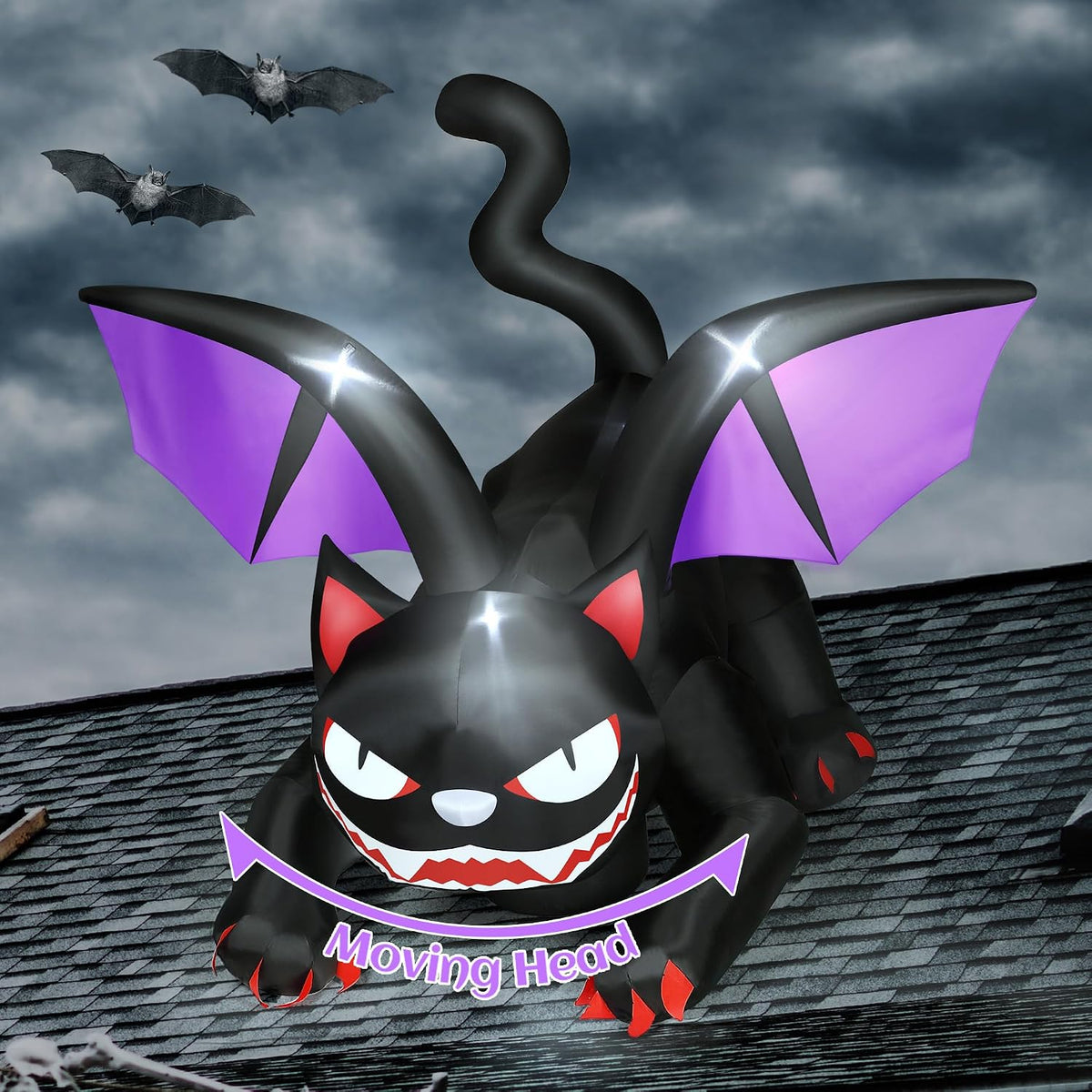Inflatable black vampire cat with purple bat wings