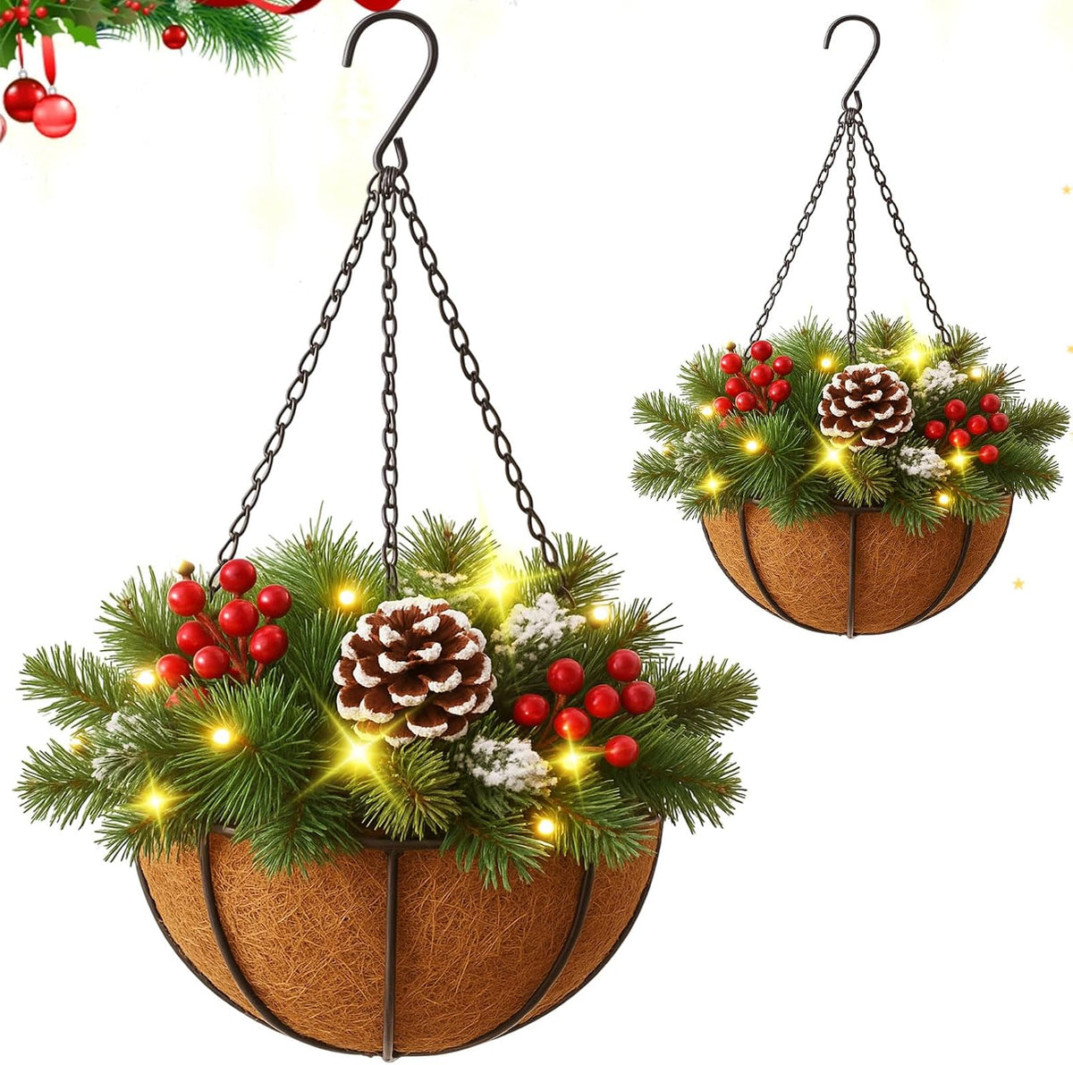 Two hanging baskets of faux pine with pinecones and red berries