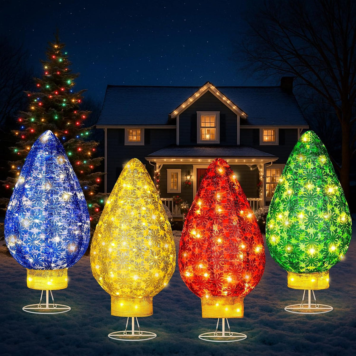Four giant lighted Christmas bulb lamps in blue, yellow, red and green