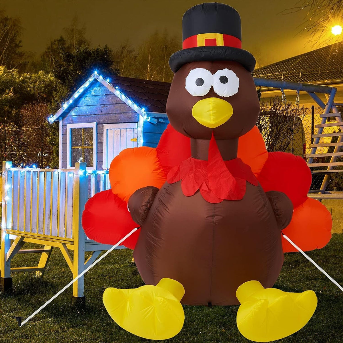 Inflatable round turkey in a pilgrim hat with yellow feet