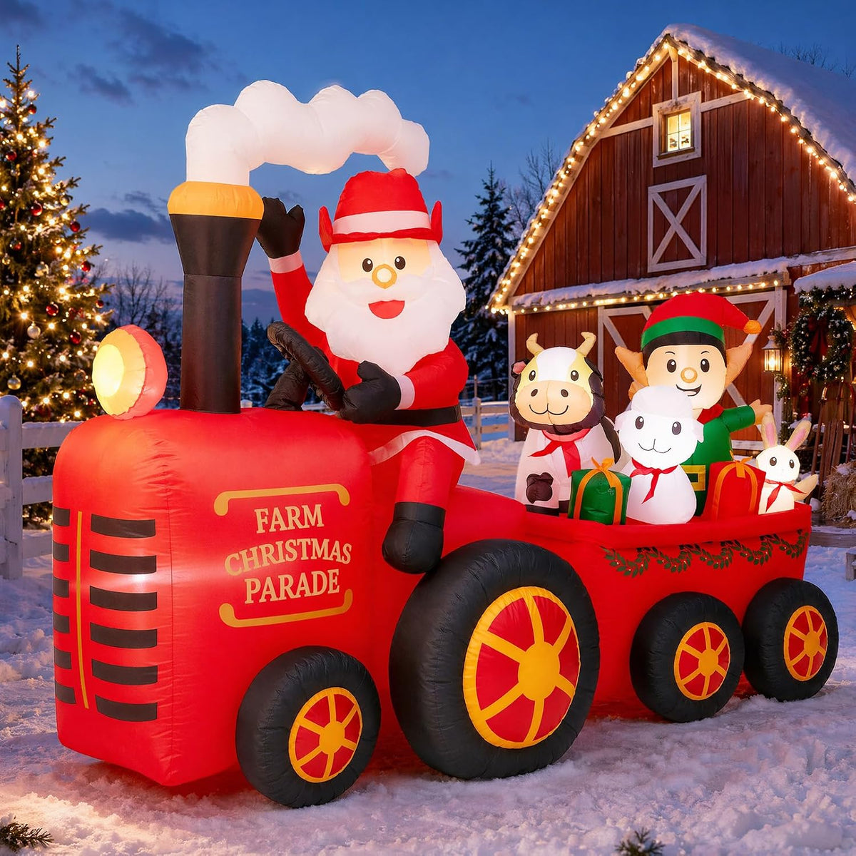 Inflatable Santa driving a red tractor pulling farm animals
