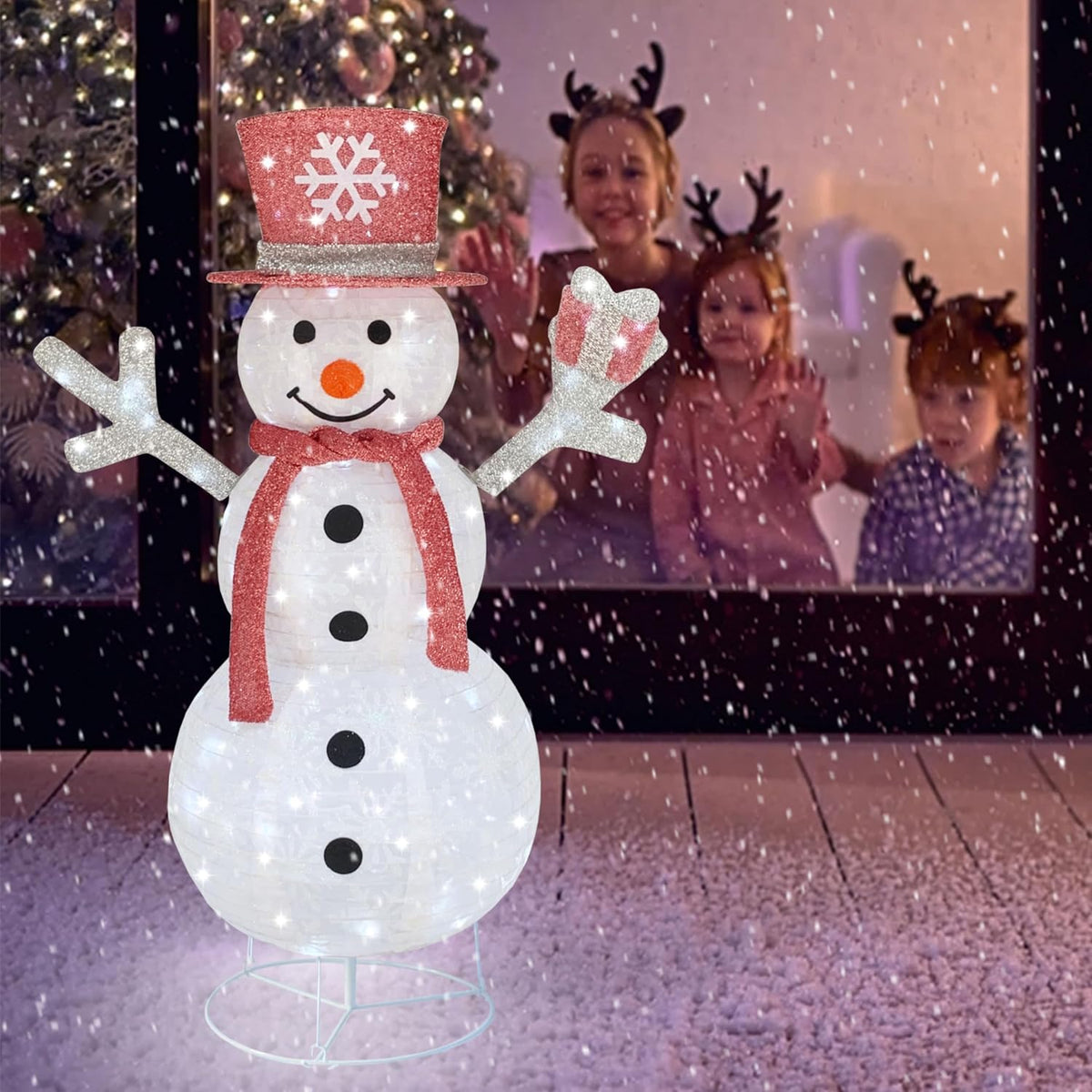 White pop-up lighted snowman in a red top hat and scarf