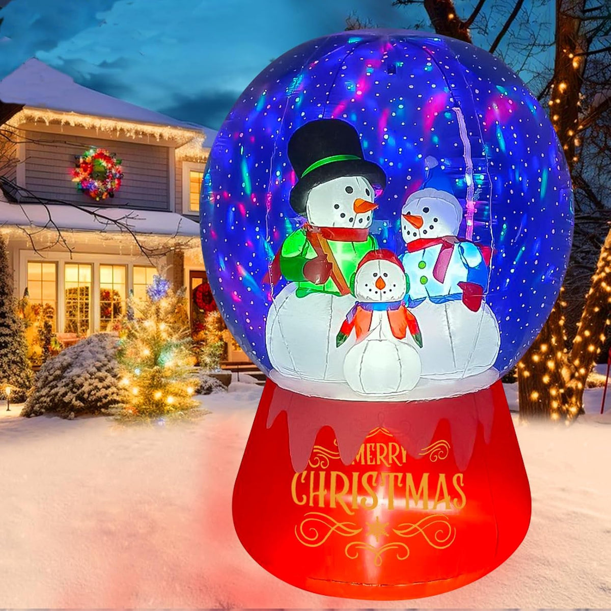 Inflatable snow globe with a snowman family on a red base