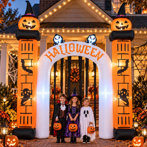 White inflatable Halloween archway with pumpkins and a reaper, children walking through